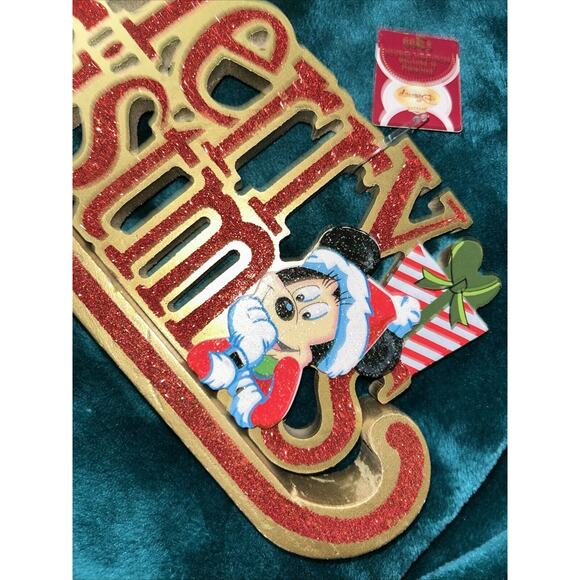 Vintage Disney Mickey And Minnie Mouse Merry Christmas Wooden Tabletop Sign NEW - Picture 3 of 10